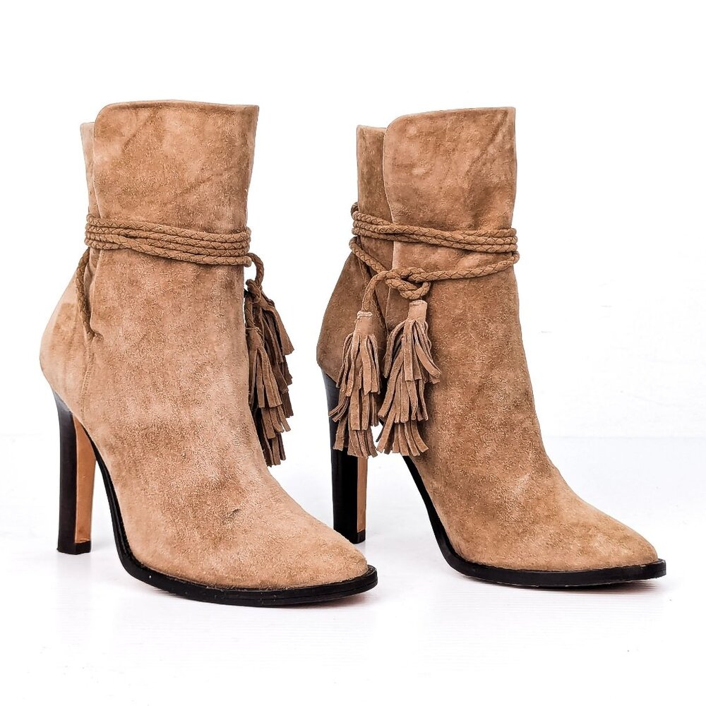 Joie Women Chap Taupe Soft Suede Tassel Slip-on Ankle Boots sz 7US EUR37